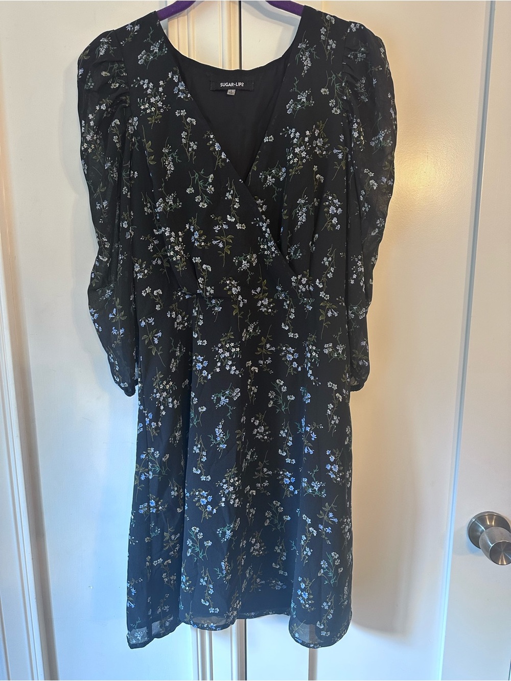 Sugar lips mini dress, black with blue floral print.